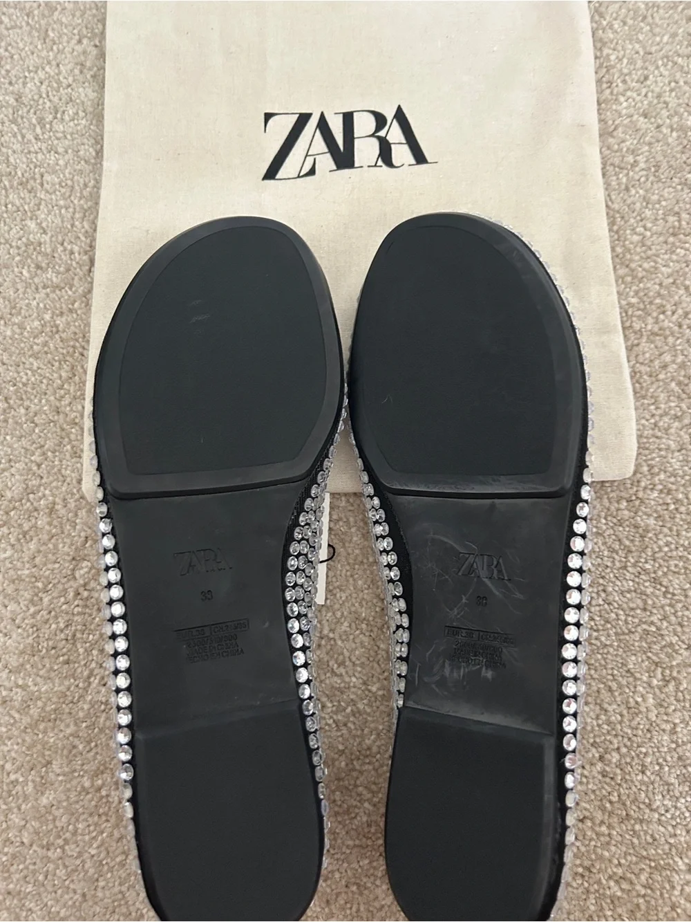 Zara black ballet flats with silver rhinestones